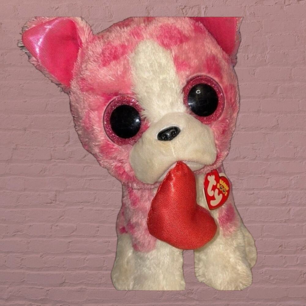 Ty Beanie Boos Romeo Dog Plush Pink Heart Red Glitter Eyes 10" Baby Shower